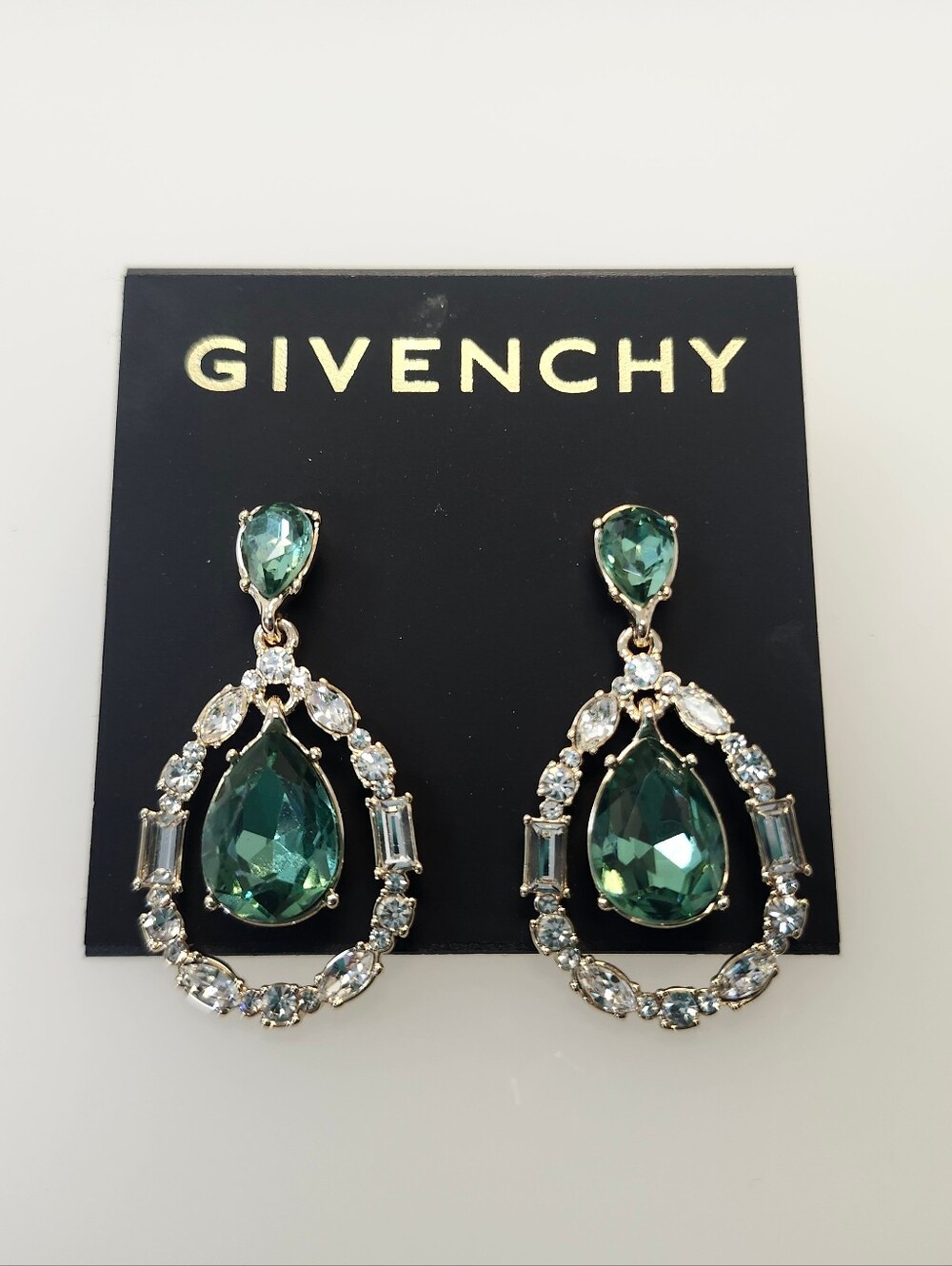 NWT Givenchy Gold-Tone Green Crystal Pear-Shape Orbital Drop Earrings